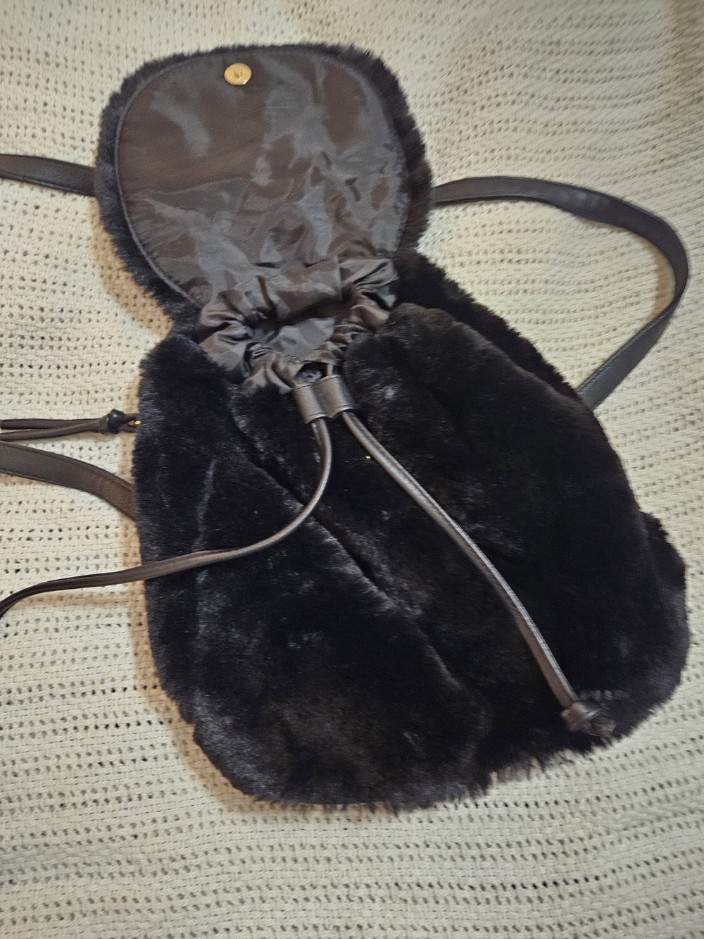 Plush Black Faux Fur Drawstring Backpack - Picture 2 of 2